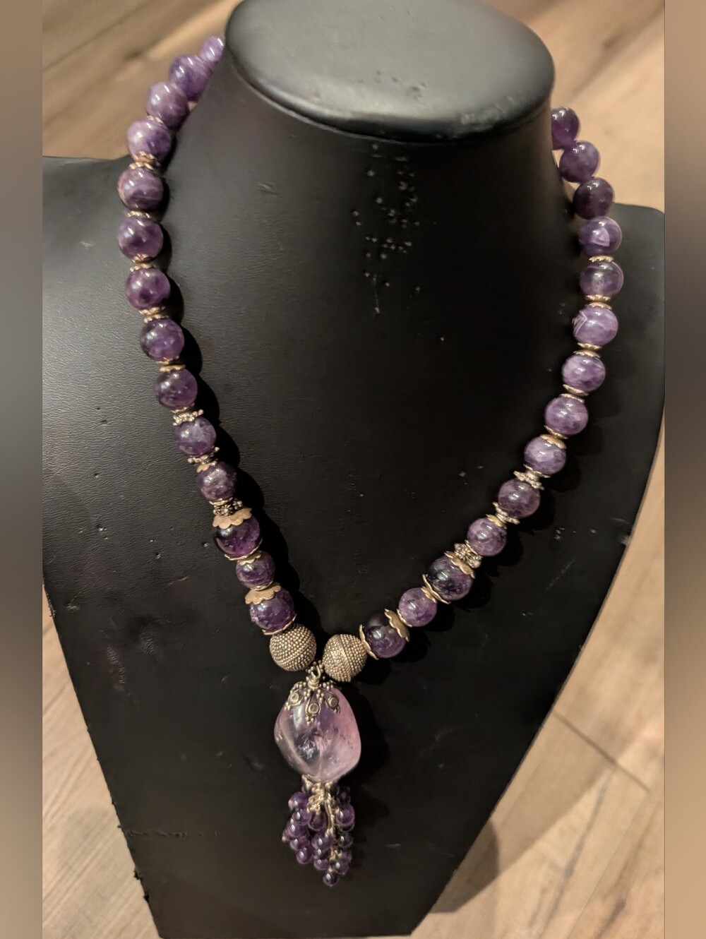 Amethyst Silver Gemstone Long Necklace: Chunky Beaded Pendant